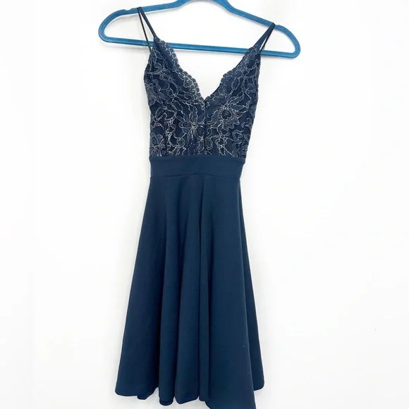 knee length dresses for ladies Metallic Cap Sleeve Short Skater Dress in Blue
